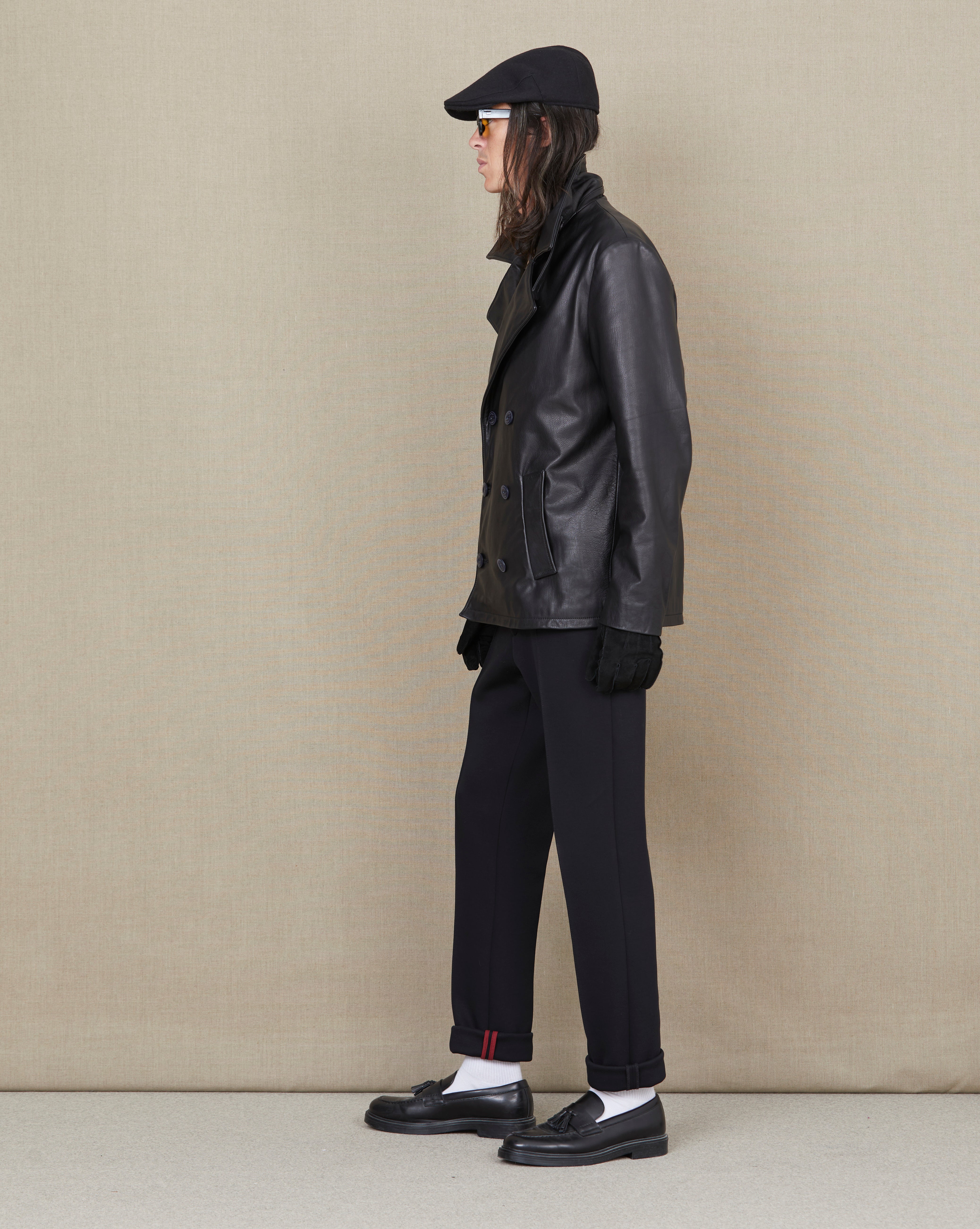 BLACK LEATHER PEA COAT
