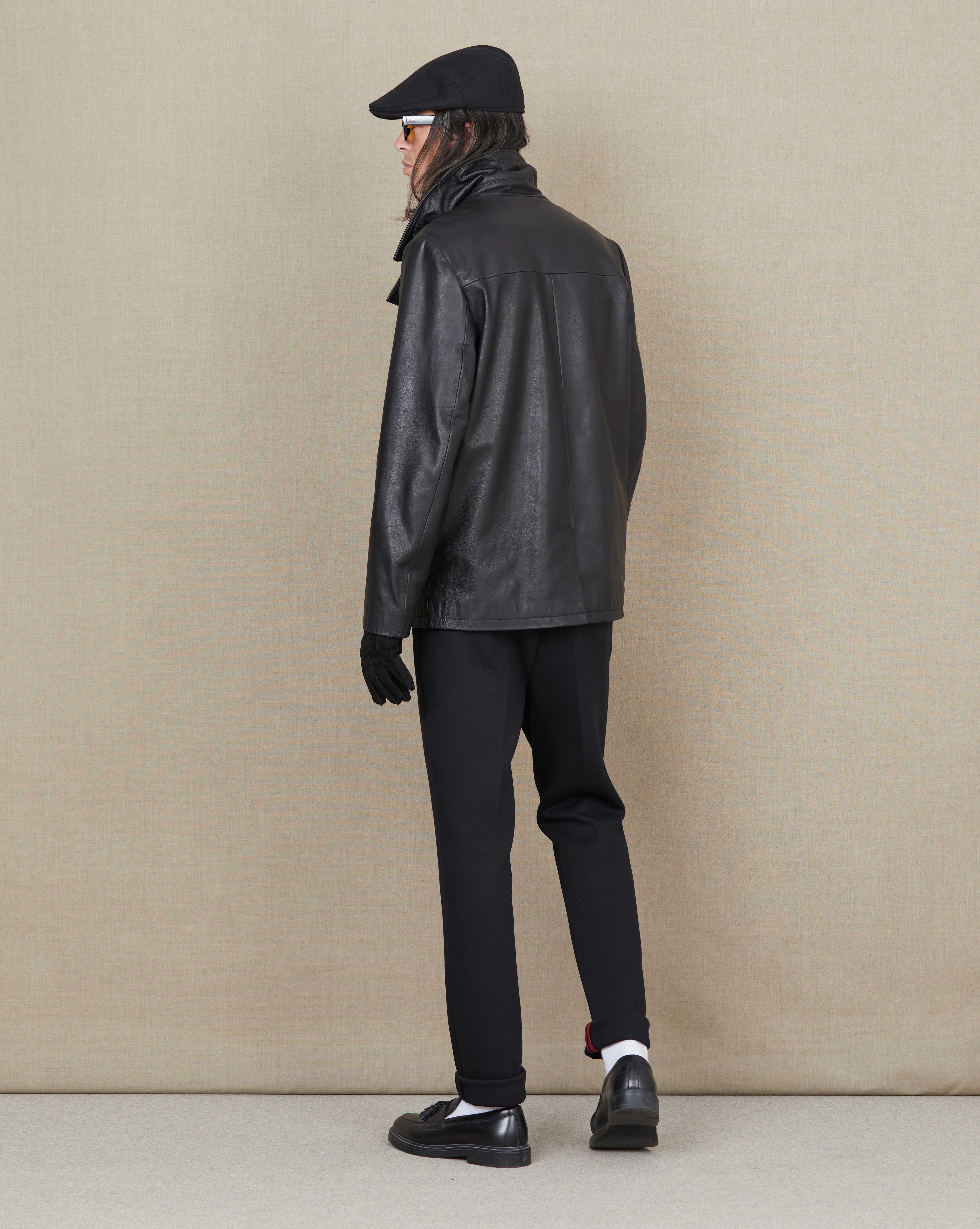 BLACK LEATHER PEA COAT