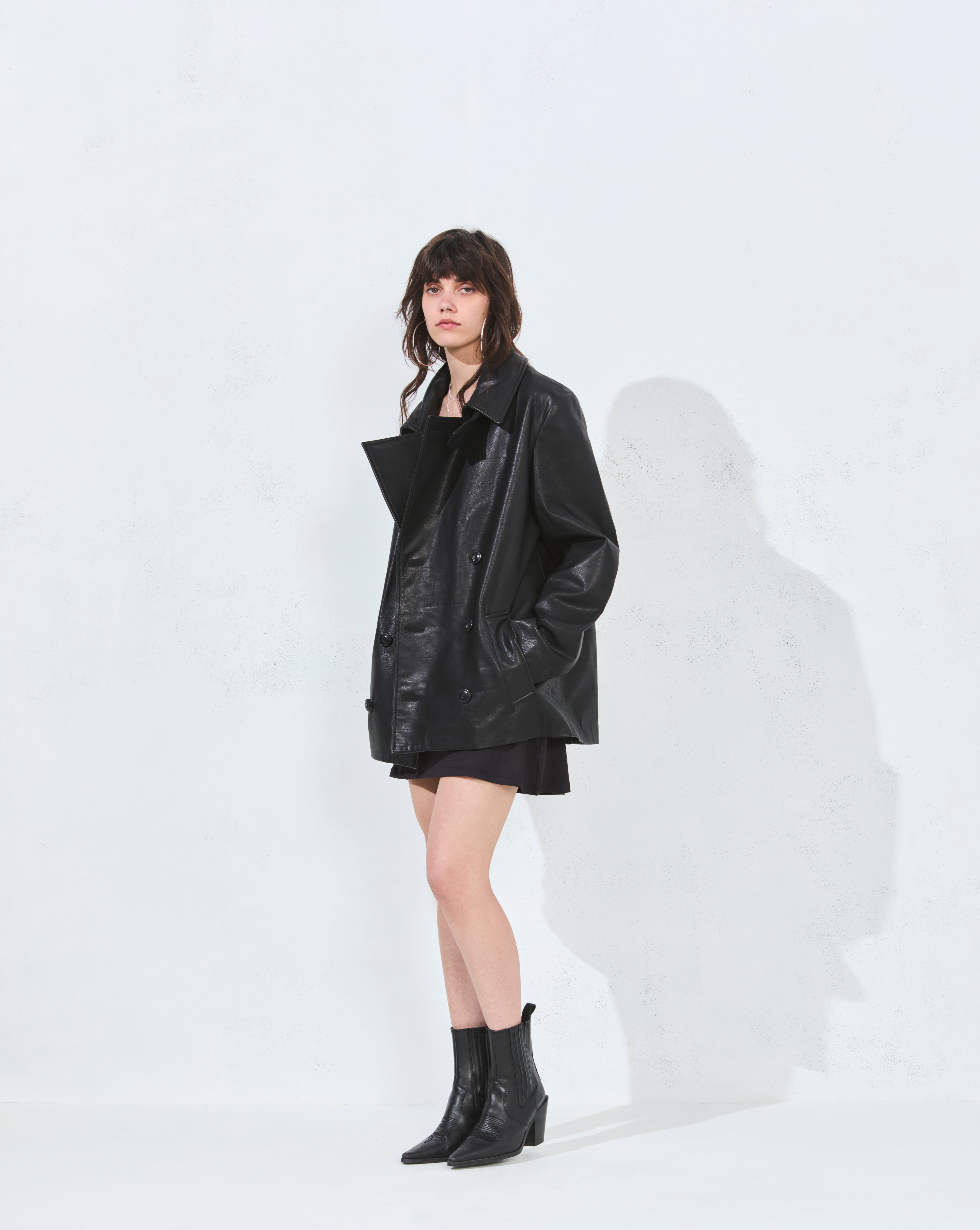 BLACK LEATHER PEA COAT