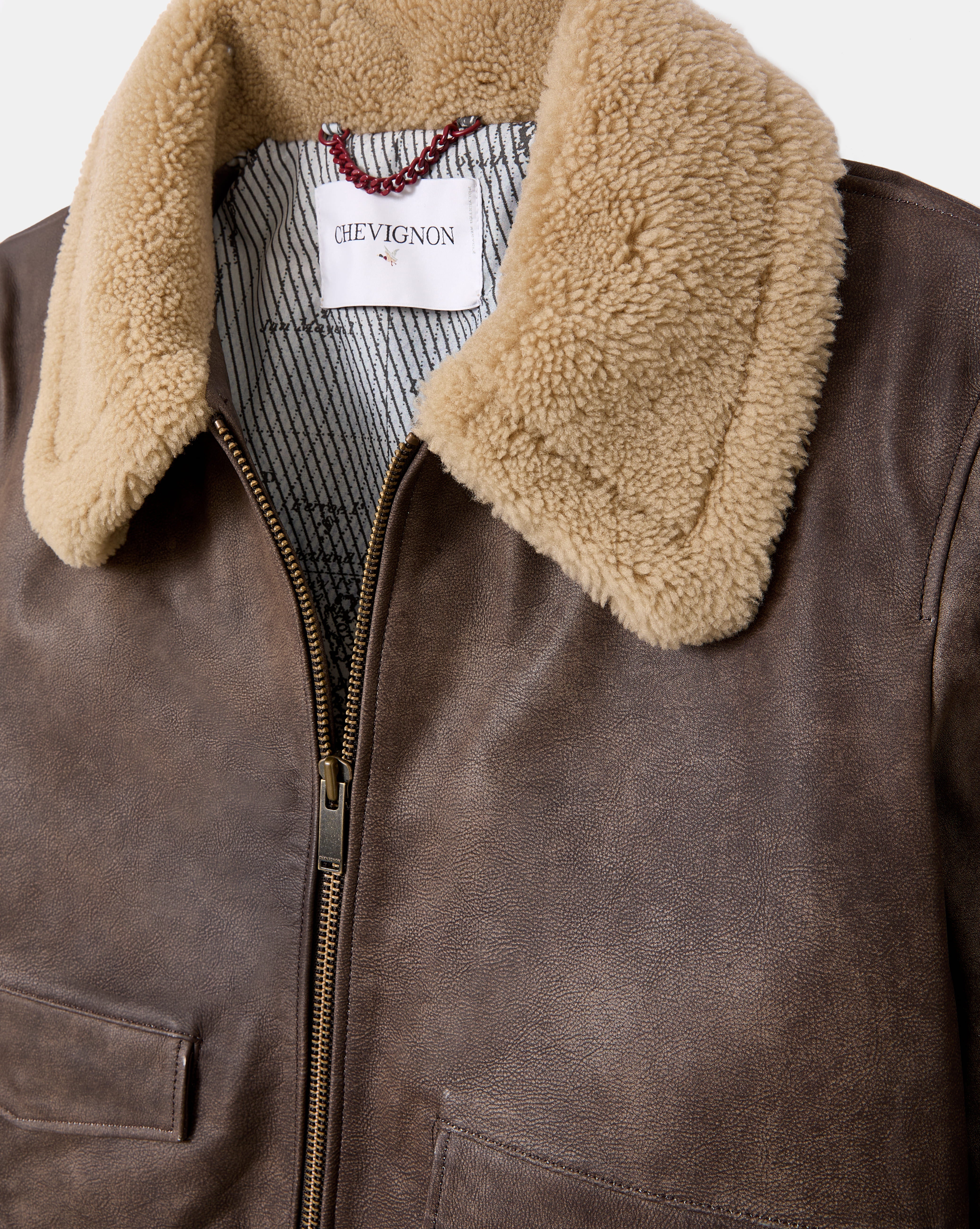 フランス　Vintage CHEVIGNON ファー付きジャケット BROWN LEATHER PILOT JACKET - Chevignon