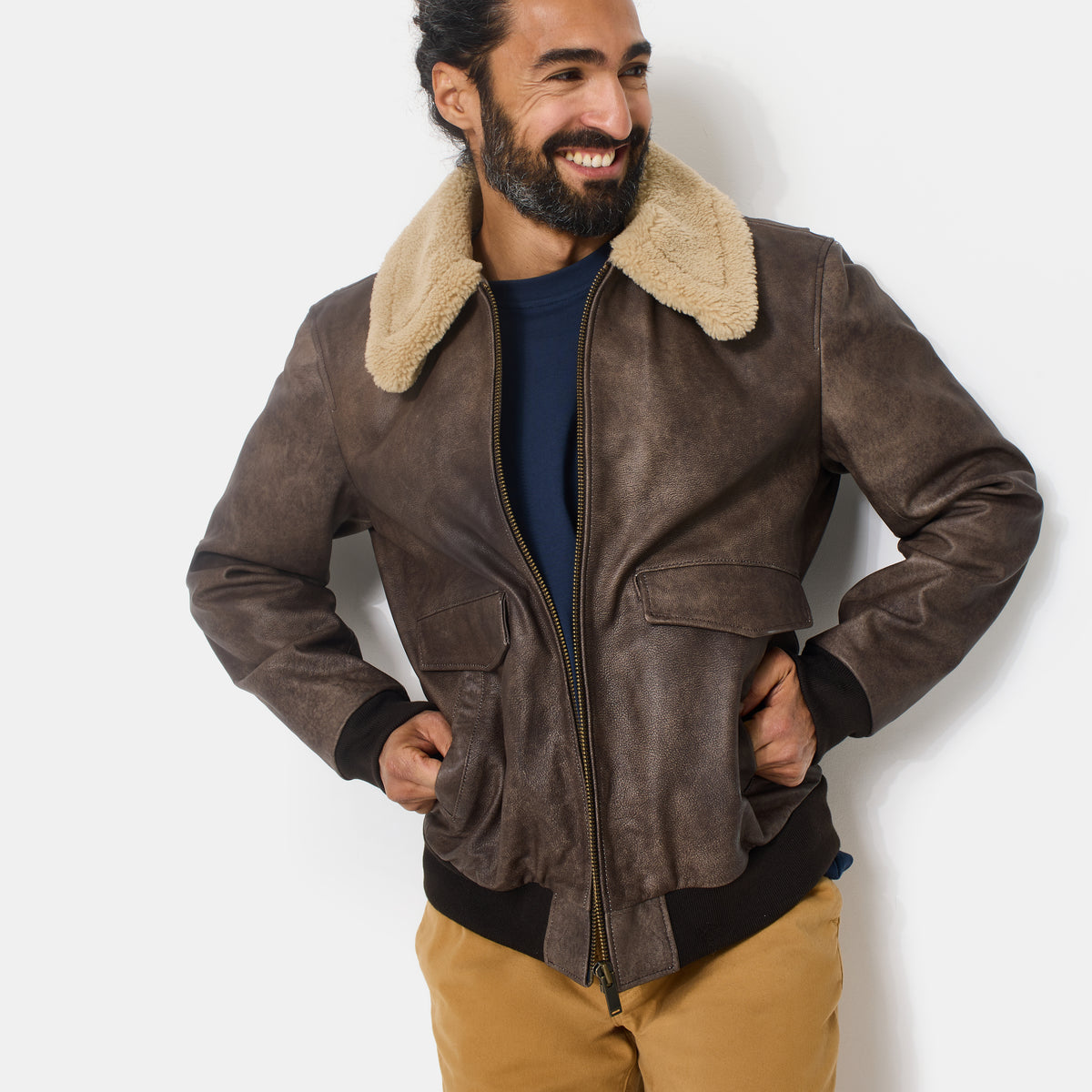 BROWN LEATHER PILOT JACKET - Chevignon